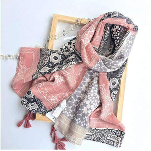 Planet Gates Retro Geometric Printing Warm Shawls Scarf for Women Casual Autumn Winter Pink Pashmina with Tassels Scarves Tippet