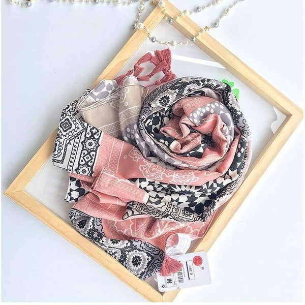 Planet Gates Retro Geometric Printing Warm Shawls Scarf for Women Casual Autumn Winter Pink Pashmina with Tassels Scarves Tippet