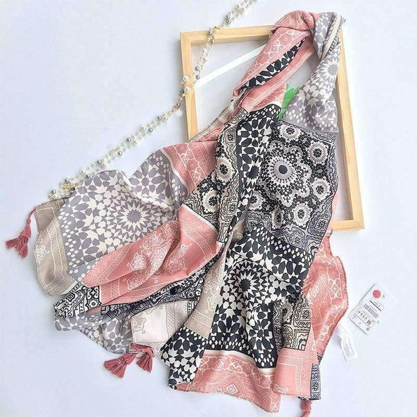 Planet Gates Retro Geometric Printing Warm Shawls Scarf for Women Casual Autumn Winter Pink Pashmina with Tassels Scarves Tippet
