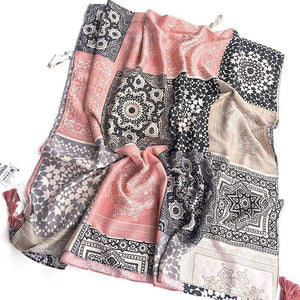 Planet Gates Retro Geometric Printing Warm Shawls Scarf for Women Casual Autumn Winter Pink Pashmina with Tassels Scarves Tippet