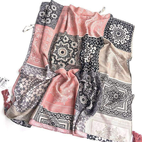 Planet Gates Retro Geometric Printing Warm Shawls Scarf for Women Casual Autumn Winter Pink Pashmina with Tassels Scarves Tippet
