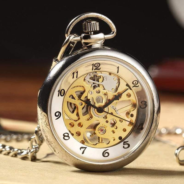 Planet Gates Retro Silver Skeleton Transparent Mechanical Pocket Watch for Men Women FOB Chain Hand Winding Full Steel Pocket Watch