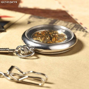 Planet Gates Retro Silver Skeleton Transparent Mechanical Pocket Watch for Men Women FOB Chain Hand Winding Full Steel Pocket Watch