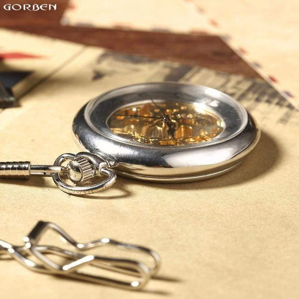 Planet Gates Retro Silver Skeleton Transparent Mechanical Pocket Watch for Men Women FOB Chain Hand Winding Full Steel Pocket Watch
