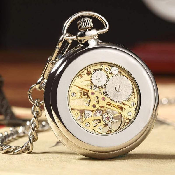 Planet Gates Retro Silver Skeleton Transparent Mechanical Pocket Watch for Men Women FOB Chain Hand Winding Full Steel Pocket Watch