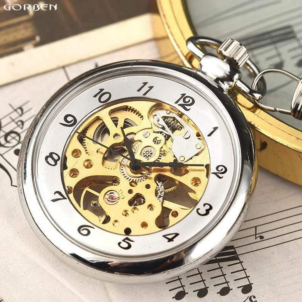 Planet Gates Retro Silver Skeleton Transparent Mechanical Pocket Watch for Men Women FOB Chain Hand Winding Full Steel Pocket Watch