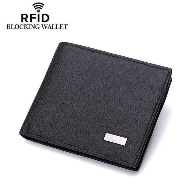 Planet Gates RFID Blocking Genuine Cowhide Leather New Men's Wallets Antimagnetic 3 Folds Black Samll Zipper Coin Pocket ID Card Holder Purse