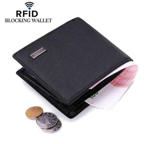 Planet Gates RFID Blocking Genuine Cowhide Leather New Men's Wallets Antimagnetic 3 Folds Black Samll Zipper Coin Pocket ID Card Holder Purse
