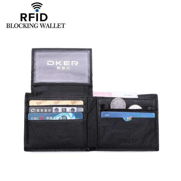 Planet Gates RFID Blocking Genuine Cowhide Leather New Men's Wallets Antimagnetic 3 Folds Black Samll Zipper Coin Pocket ID Card Holder Purse