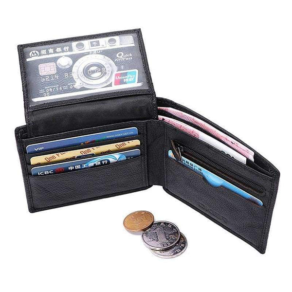 Planet Gates RFID Blocking Genuine Cowhide Leather New Men's Wallets Antimagnetic 3 Folds Black Samll Zipper Coin Pocket ID Card Holder Purse