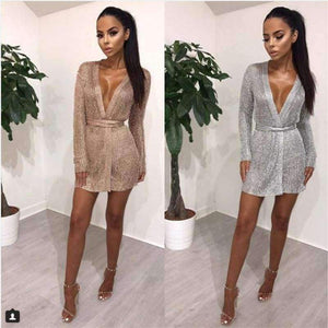 Planet Gates Rgold / L Women Dress 2018 New White Sexy Deep V-neck Summer Beach Party Mesh Dress Sequins Beach Dresses Dropship