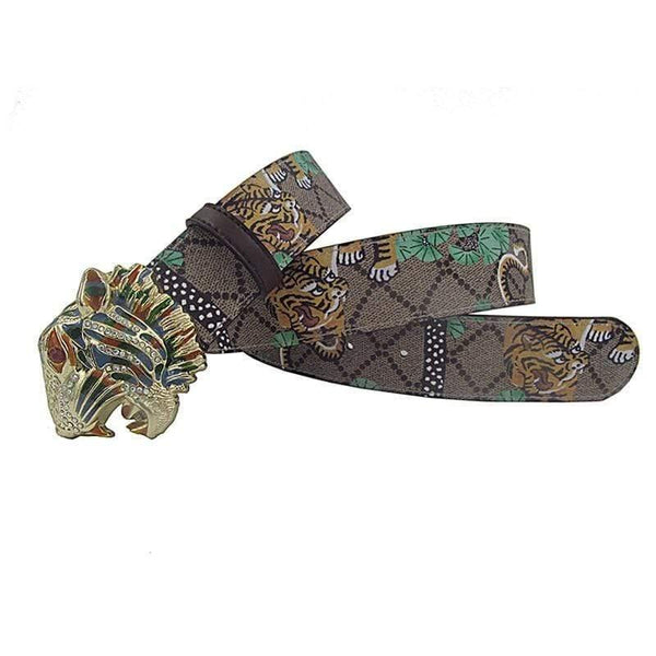 Western Rhinestone Tiger Buckle Tiger Print Leather Men Belt Fashion Jeans Causal Pants Men Belt