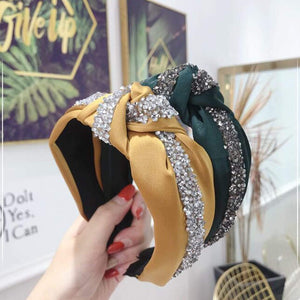 Rhinestone Hairband Women Solid Wide Side Headband Middle Knot Turban Girls Autumn Winter Hair Accessories Headwear