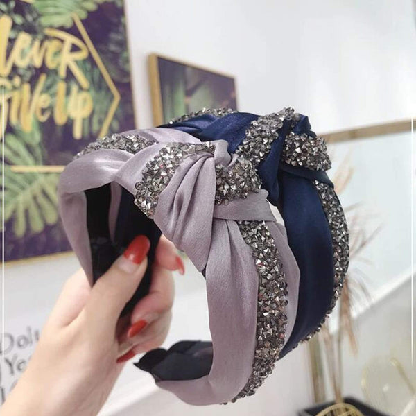 Rhinestone Hairband Women Solid Wide Side Headband Middle Knot Turban Girls Autumn Winter Hair Accessories Headwear
