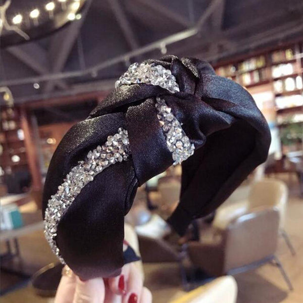 Rhinestone Hairband Women Solid Wide Side Headband Middle Knot Turban Girls Autumn Winter Hair Accessories Headwear