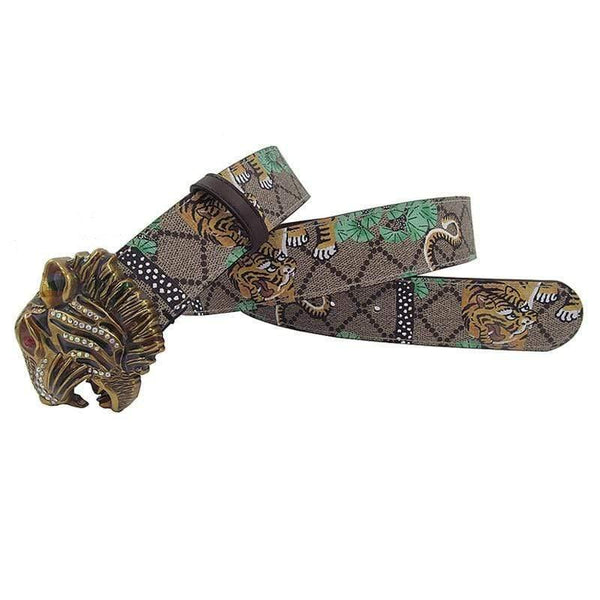 Western Rhinestone Tiger Buckle Tiger Print Leather Men Belt Fashion Jeans Causal Pants Men Belt