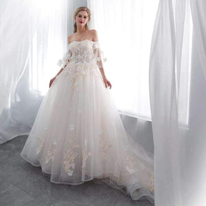 Planet Gates Robe De Mariage 2018 Wedding Dresses Champagne Ball Gown Off Shoulder Short Sleeves Lace Applique Bride Gowns