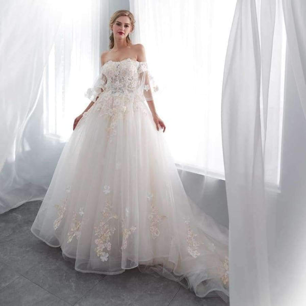 Planet Gates Robe De Mariage 2018 Wedding Dresses Champagne Ball Gown Off Shoulder Short Sleeves Lace Applique Bride Gowns