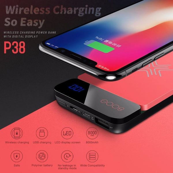 Planet Gates ROCK 8000mAh QI Wireless Charger Power Bank 2A Portable External Battery Charger Powerbank For iPhone X 8 Samsung