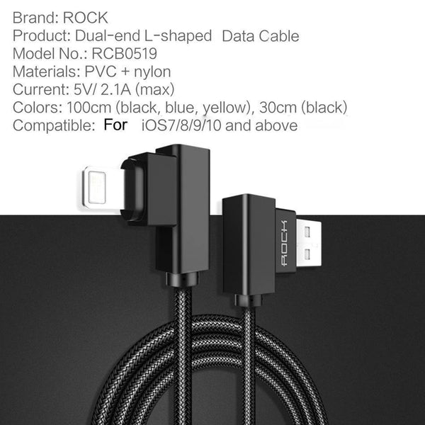 Planet Gates ROCK Mobile Phone USB Cable for iPhone X 8 7 6 5 Plus 90 Degree Right Angle 2.1A Fast Charger Sync Cord for iPad 2 3 4 Air Pro