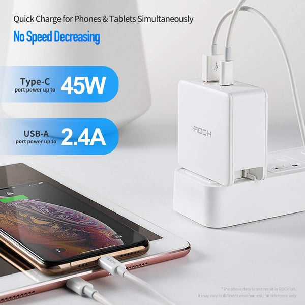 Planet Gates ROCK PD 45W Dual USB Charger Quick Charge US Plug for iPhone XS Max XR X 8 plus Type C USB PD Fast Travel Phone Charger