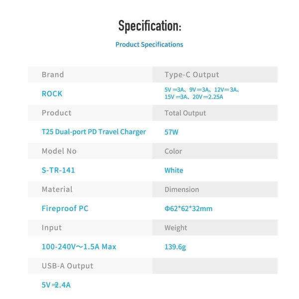 Planet Gates ROCK PD 45W Dual USB Charger Quick Charge US Plug for iPhone XS Max XR X 8 plus Type C USB PD Fast Travel Phone Charger