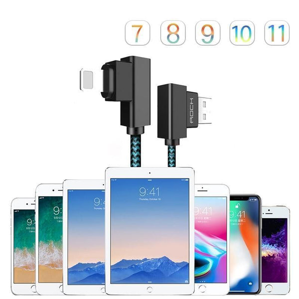 Planet Gates ROCK Phone Cable for iPhone X 8 7 6 5 Plus 90 Degree Right Angle 2.1A Fast Charger L Bending Design Cord for iPad 2 3 4 Air Pro