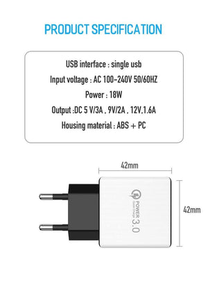 Planet Gates ROCK QC 3.0 USB Quick Phone Charger Travel Wall Adapter 18W QC3.0 FCP Universal For Xiaomi iPhone Samsung Huawei EU Plug