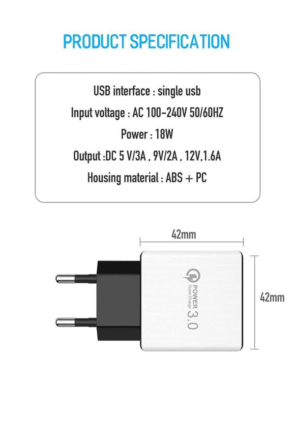 Planet Gates ROCK QC 3.0 USB Quick Phone Charger Travel Wall Adapter 18W QC3.0 FCP Universal For Xiaomi iPhone Samsung Huawei EU Plug