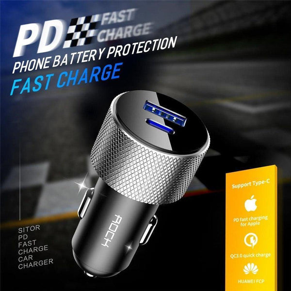 Planet Gates ROCK QC3.0 Quick Charger 30W PD Power Car Charger USB C Type-c Mobile Phone Charger for iPhone SAMSUNG HUAWEI and More