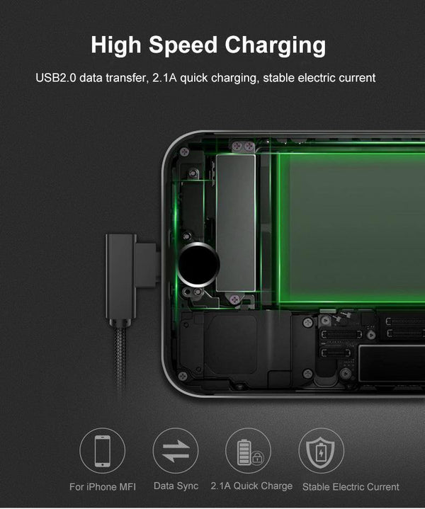 Planet Gates ROCK USB Lighting Cable for iPhone X 8 7 6 5 Fast Charger USB Data Cable for iPad iPod Mobile Phone Cables 90 Degree Right Angle