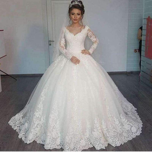 Planet Gates Romantic V-neck Elegant Princess Wedding Dress 2018  Long Sleeves Appliques Celebrity  Ball Gown vestido De Noiva