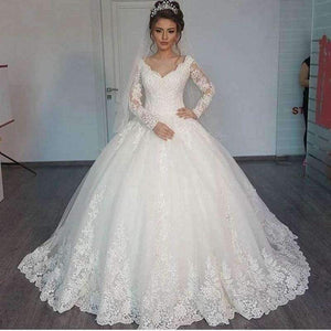 Planet Gates Romantic V-neck Elegant Princess Wedding Dress 2018  Long Sleeves Appliques Celebrity  Ball Gown vestido De Noiva