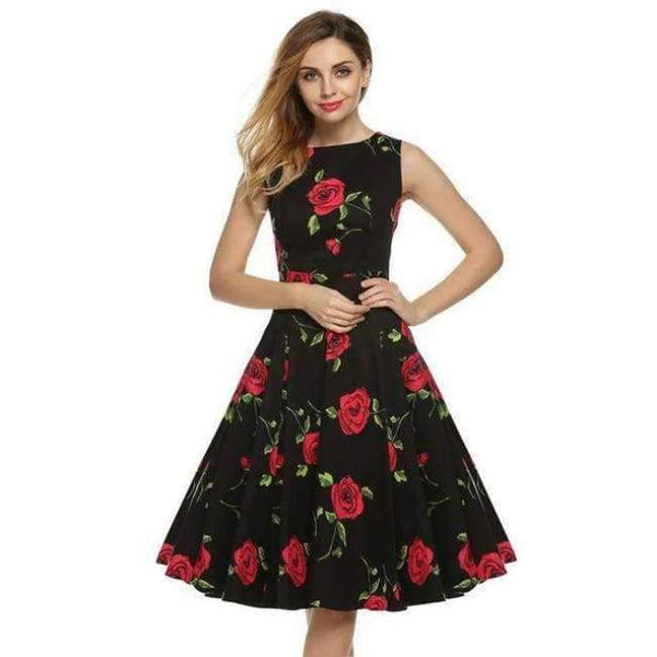 Planet Gates Rose Sort / L ACEVOG Damekjole Retro Vintage 1950'er 60'er Rockabilly Blomster Swing Sommerkjoler Elegant Sløjfeknude Tunika Vestidos Morgenkåbe Oversize