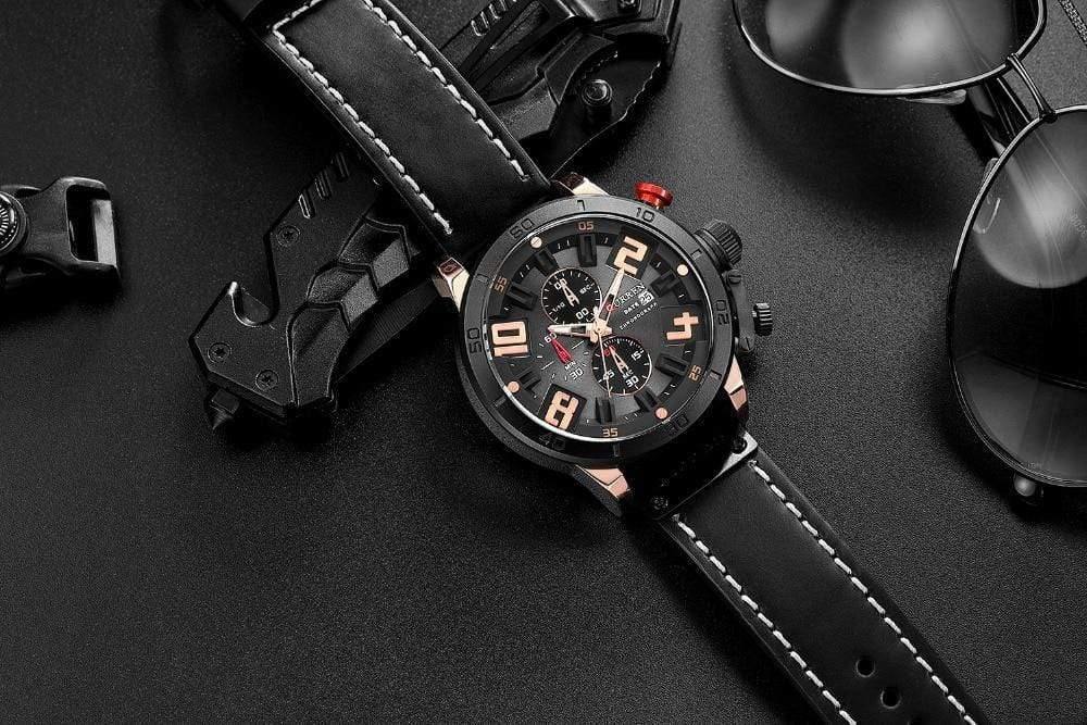 Planet Gates rose black Mens Watches Fashion Chronograph Quartz Digital Wristwatch CURREN Leather Strap Watch With Waterproof 30M Reloj Hombre