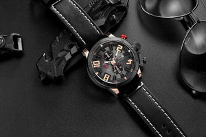 Planet Gates rose black Mens Watches Fashion Chronograph Quartz Digital Wristwatch CURREN Leather Strap Watch With Waterproof 30M Reloj Hombre