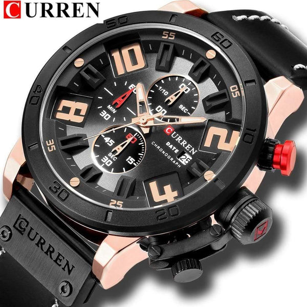 Planet Gates rose black Mens Watches Fashion Chronograph Quartz Digital Wristwatch CURREN Leather Strap Watch With Waterproof 30M Reloj Hombre
