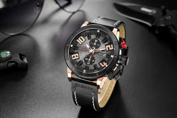 Planet Gates rose black Mens Watches Fashion Chronograph Quartz Digital Wristwatch CURREN Leather Strap Watch With Waterproof 30M Reloj Hombre