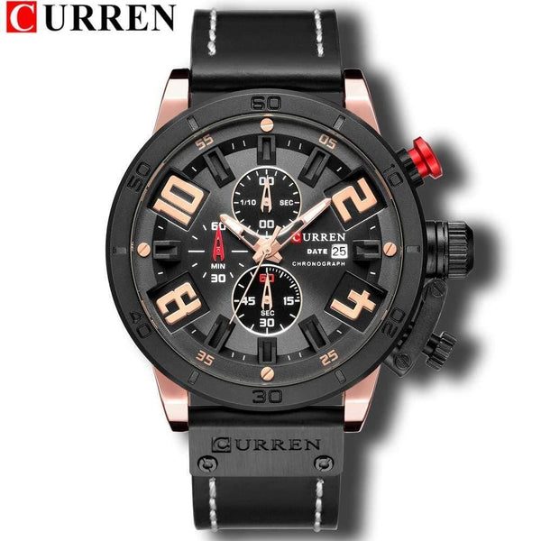 Planet Gates rose black Mens Watches Fashion Chronograph Quartz Digital Wristwatch CURREN Leather Strap Watch With Waterproof 30M Reloj Hombre