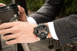 Planet Gates rose black Mens Watches Fashion Chronograph Quartz Digital Wristwatch CURREN Leather Strap Watch With Waterproof 30M Reloj Hombre