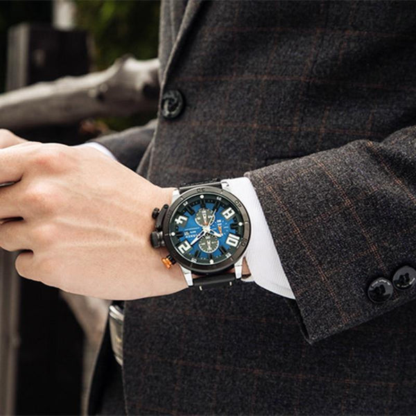 Planet Gates rose black Mens Watches Fashion Chronograph Quartz Digital Wristwatch CURREN Leather Strap Watch With Waterproof 30M Reloj Hombre