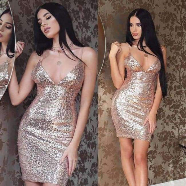Planet Gates Rose Gold / 4 Cocktail Dresses Sexy Deep V Neck Backless Sequined Club Party Night Gowns Above Knee Bodycon vestidos a la rodilla