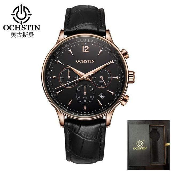 Planet Gates rose gold black 2 Mens Watches OCHSTIN Brand Luxury Chronograph Date Clock Man Leather Sport Wrist Watch Men Business Quartz Watch