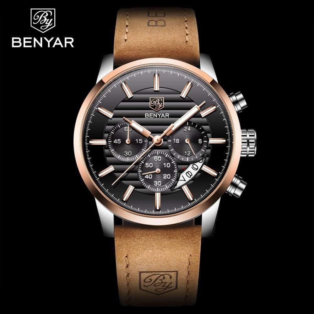 Planet Gates rose gold black Casual Fashion Men Quartz Watch Luxury Military Leather Strap Chronograph Men Watch Relogio Masculino