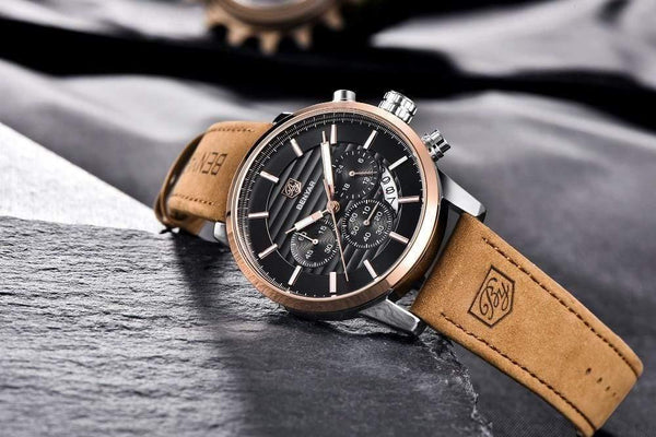 Planet Gates rose gold black Casual Fashion Men Quartz Watch Luxury Military Leather Strap Chronograph Men Watch Relogio Masculino