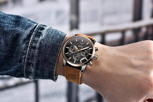 Planet Gates rose gold black Casual Fashion Men Quartz Watch Luxury Military Leather Strap Chronograph Men Watch Relogio Masculino