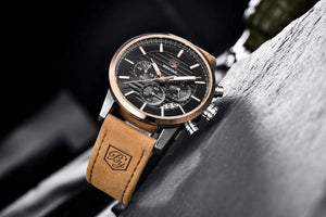 Planet Gates rose gold black Casual Fashion Men Quartz Watch Luxury Military Leather Strap Chronograph Men Watch Relogio Masculino