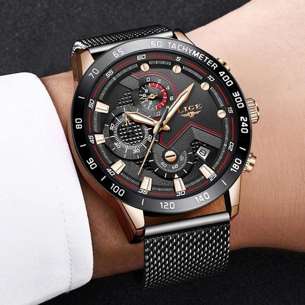 Planet Gates rose gold black Casual Mesh Belt Fashion Quartz Gold Watch Mens Watches Top Brand Luxury Waterproof Clock Relogio Masculino