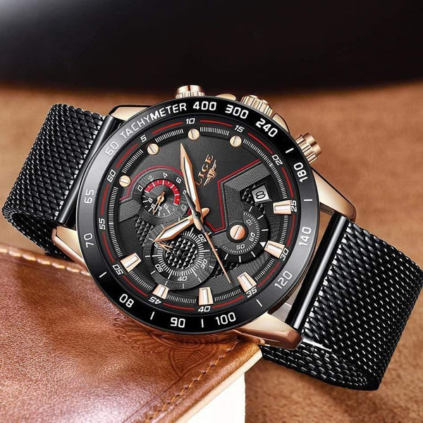 Planet Gates rose gold black Casual Mesh Belt Fashion Quartz Gold Watch Mens Watches Top Brand Luxury Waterproof Clock Relogio Masculino
