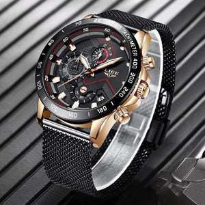Planet Gates rose gold black Casual Mesh Belt Fashion Quartz Gold Watch Mens Watches Top Brand Luxury Waterproof Clock Relogio Masculino